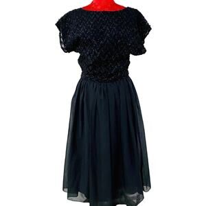 Vintage Mid Century Custom Made Cocktail Dress Black Sheer Lace Plunge Bespoke